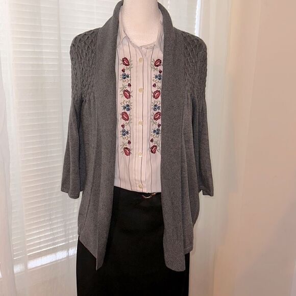 KENAR L Charcoal Gray Knit Open Front Shawl Collar Quarter Sleeve Cardigan - Picture 1 of 11